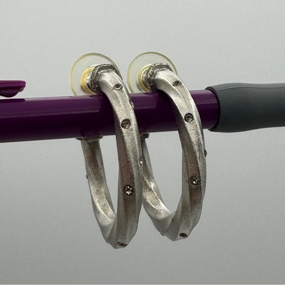 Vintage Pewter Twisted Hoop Earrings 1.5” Rhinestone Accents - Picture 3 of 4